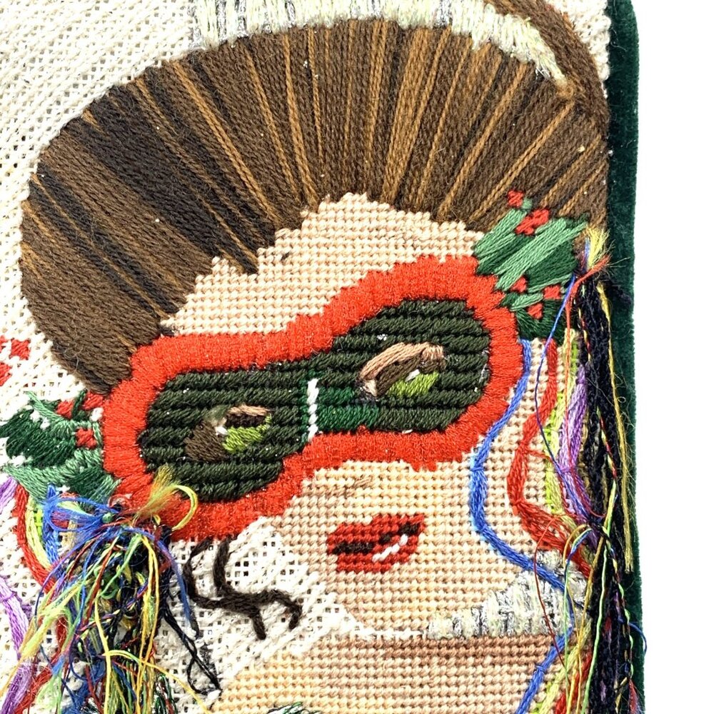 Vintage Handstitched Needlepoint Art Deco Pillow Flapper Masquerade Mask 6.5"x5" - Picture 2 of 10